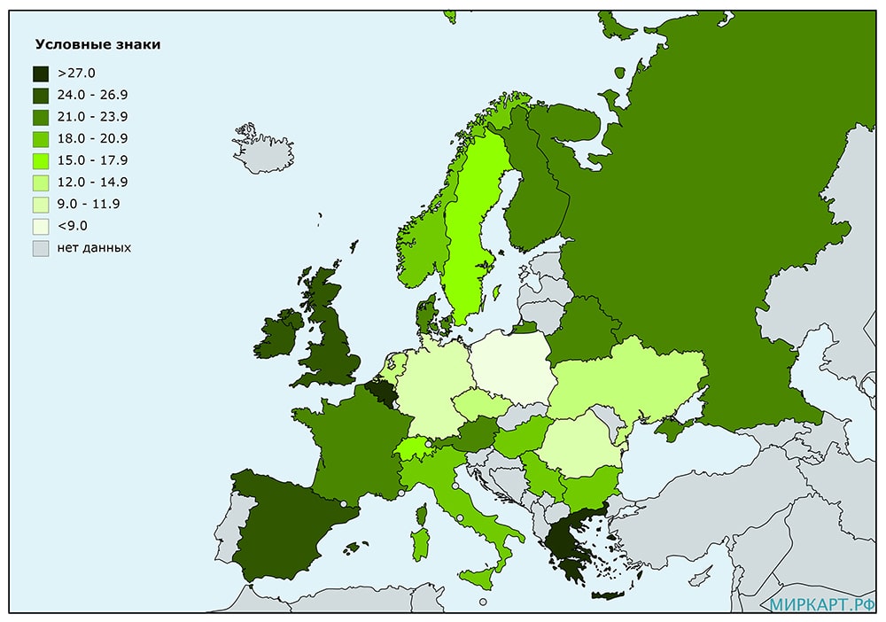 Карта Европы по доле жителей в агломерациях с населением более 1 млн. чел.